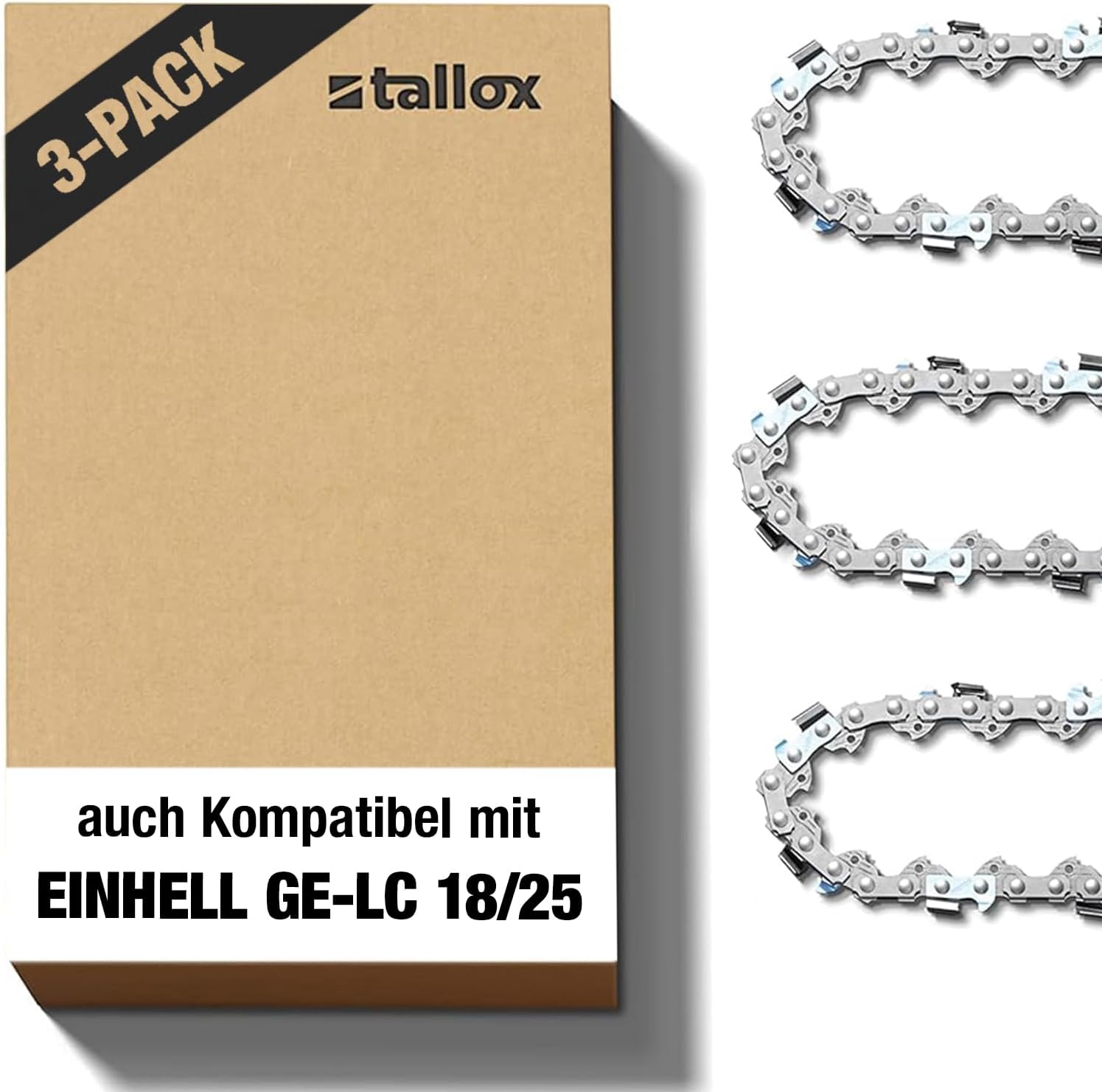 3 tallox Sägeketten 3/8" 1,1 mm 40 TG für 25 cm Schwert kompatibel für Einhell GE-LC 18/25 Li, Makita, Husqvarna, Oregon und mehr