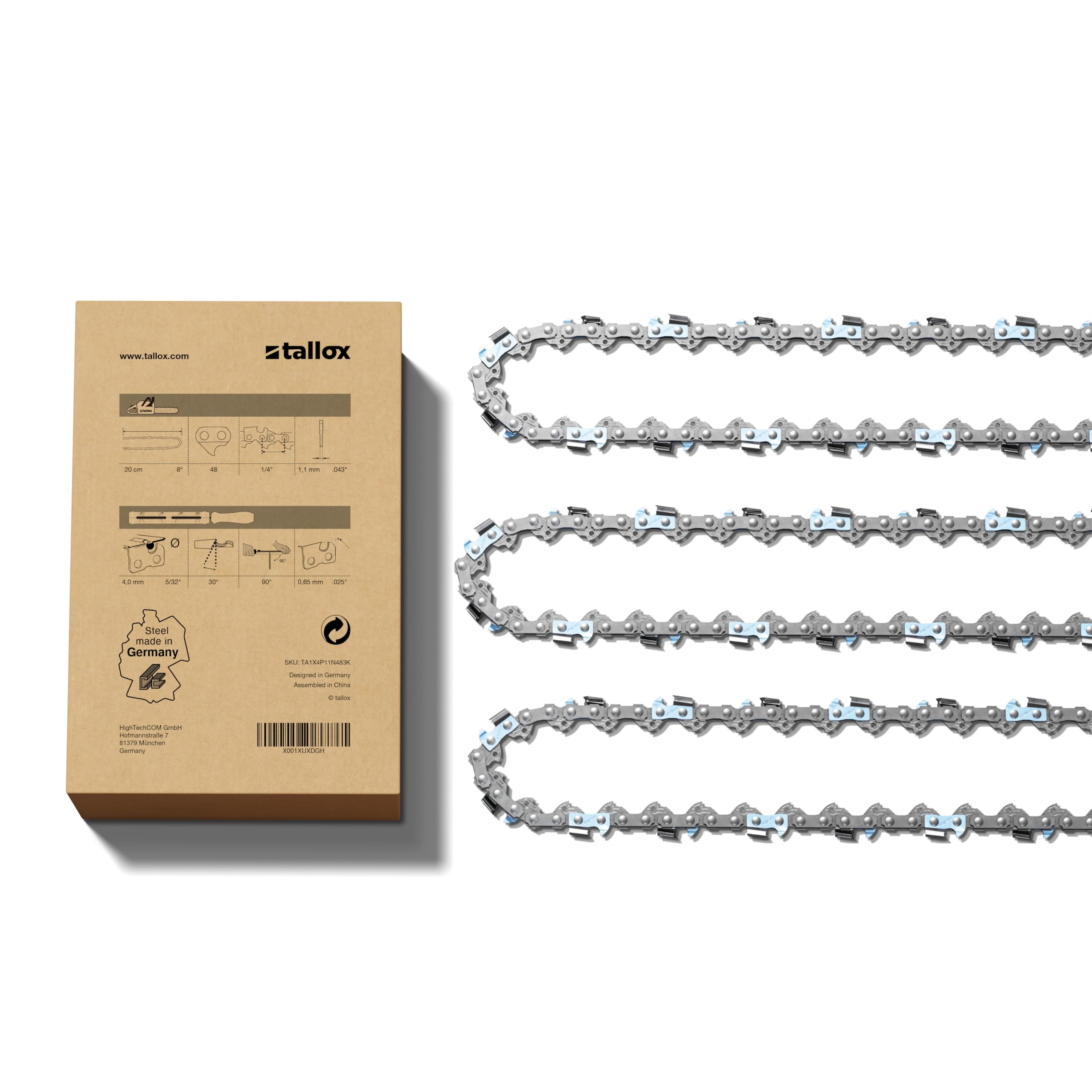 tallox Schwert und 3 Sägeketten 1/4" 1,1 mm 48 Treibglieder 8 Zoll Schwert Version 2024 rückschlagarm kompatibel mit