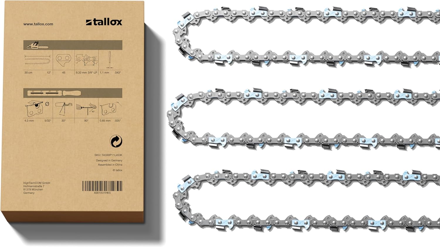 3 tallox Sägeketten rückschlagarm 3/8" 1,1 mm 45 TG 30 cm Schwert kompatibel mit BOSCH Greenworks