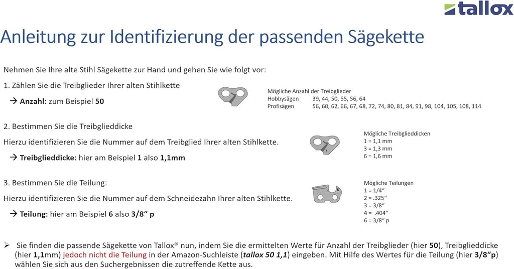 3 tallox Sägeketten 3/8" 1,1 mm 50 Treibglieder Version 2024 rückschlagarm kompatibel mit Stihl