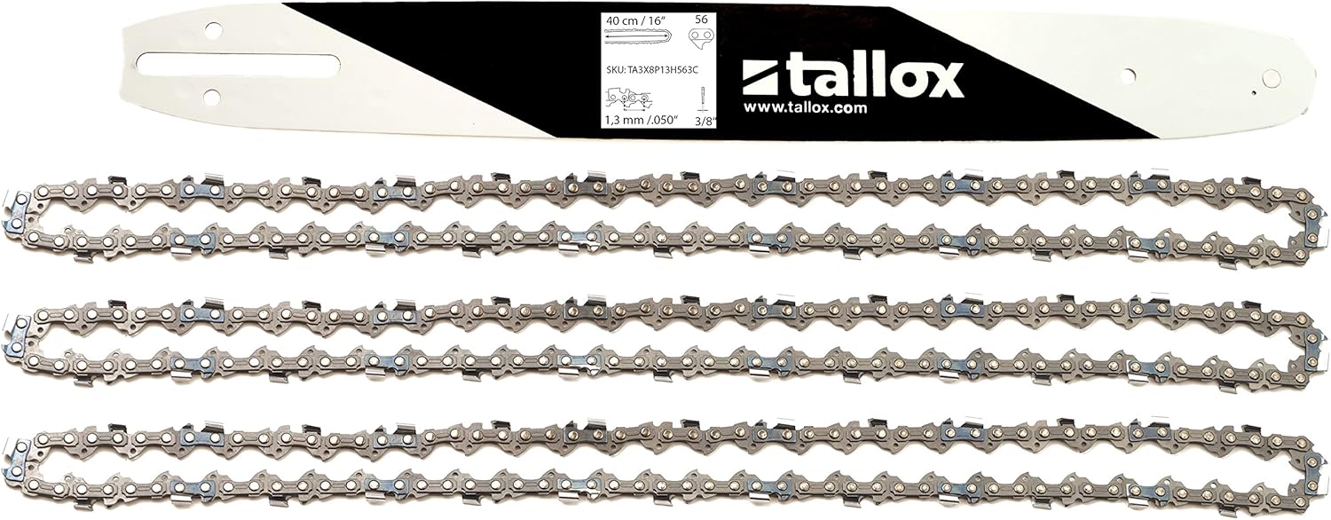 tallox Schwert und 3 Sägeketten 3/8" 1,3 mm 56 TG 40 cm Führungsschiene kompatibel mit Dollmar Einhell Makita Black & Decker und andere