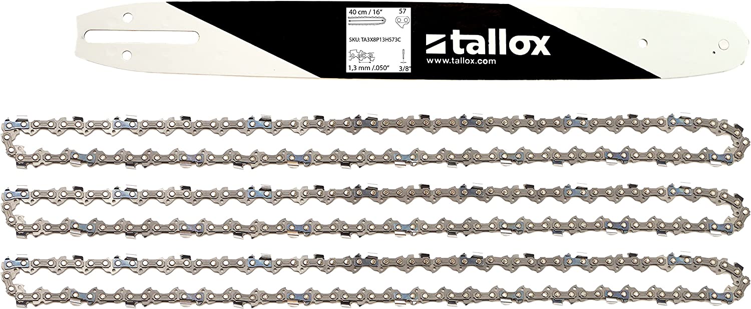 tallox Schwert und 3 Sägeketten 3/8" 1,3 mm 57 TG 40 cm Führungsschiene kompatibel mit Bosch Dollmar Hitachi Echo Makita Husqvarna und andere